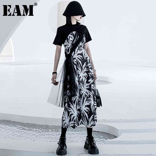 

[eam] women black print hollow out ruffle sashes dress v-neck short sleeve loose fit fashion spring summer 1dd7541 21512, Black;gray