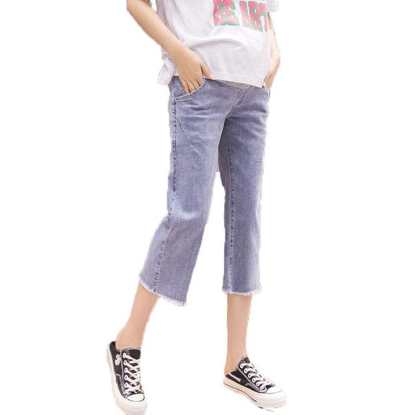 

maternity bottoms pregnant women summer belly trousers wide-legged empire jeans with pockets plus size mid-calf straight denim pants, White