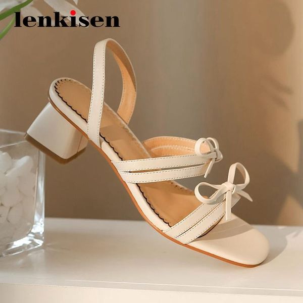 

lenkisen gladiator sweet dress genuine leather square toe slip on high heel women shoes butterfly-knot summer sandals l36, Black