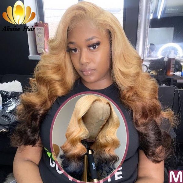 

aliafee hair 150% body wave long blonde wig human peruvian remy 13x4 lace front color ombre wigs for women1, Black;brown