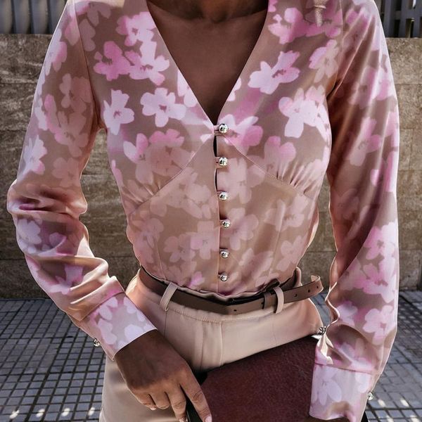 

women's blouses & shirts shirt floral printed v-neck splicing button blouse autumn long sleeve casual elegant plus size office lady, White