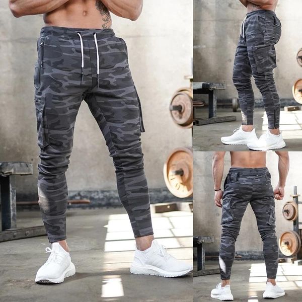 

men workout sport tapered joggers pants running athletic drawstring camouflage sweatpants multi pockets fitness trousers men's, Black