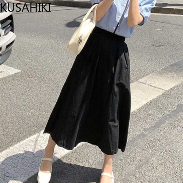 

kusahiki korean elegant mid-calf skirt women high waisted a-line skirts summer solid black faldas mujer moda 6j596 210602