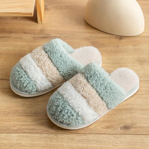 

mazefeng women men warm striped slipper indoors anti-slip winter house shoes bedroom slippers cotton, Black
