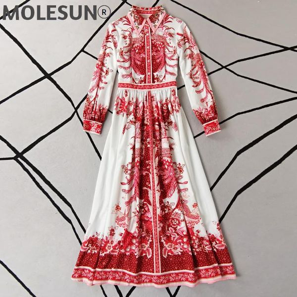

casual dresses designer spring autumn long dress women's party lapel diamonds beading gorgeous elegant vintage red print, Black;gray
