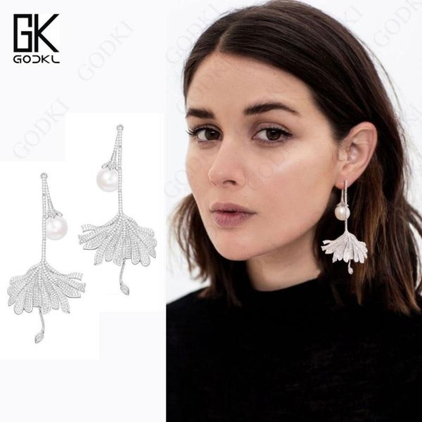 

dangle & chandelier godki luxury imitation pearl long earrings for women cubic zirconia crystal cz wedding bridal statement drop earring 202, Silver