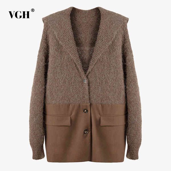 

casual woolen cloth coat for women v neck long sleeve patchwork slim coats female autumn fashion womens clothing 210507, Black;brown