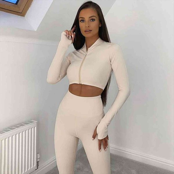 

autumn winter 2 two piece womens pants set long sleeve crop leggings bodycon sport fitness tracksuit, White