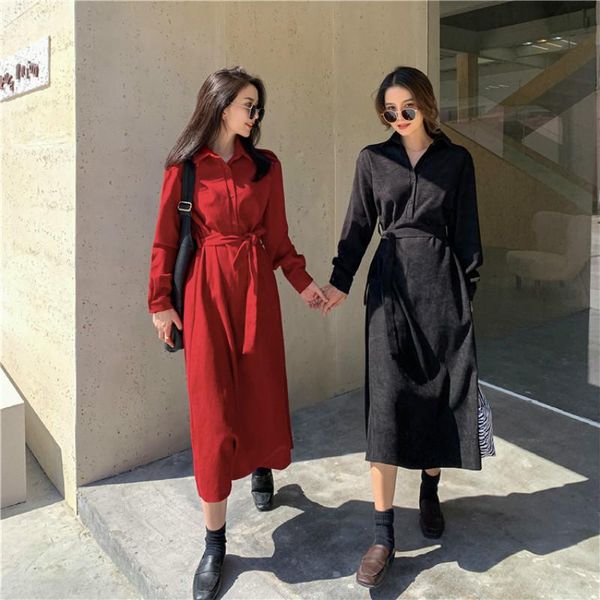 

autumn winter women shirt dress fashion turn-down collar long sleeve sashes midi female casual maxi dresses, Black;gray