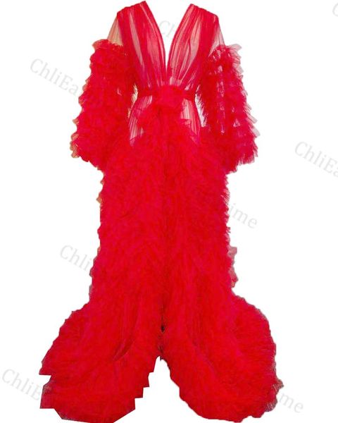 

women's sleepwear ladies pajamas transparent long skirt puff sleeves mopping the floor fluffy pography fashion style, Black;red