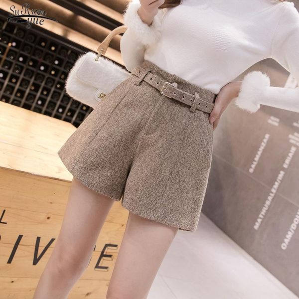 

women's shorts wide leg woolen women korean office lady winter high waist with belt khaki black gray pantalon femme 18009, White;black