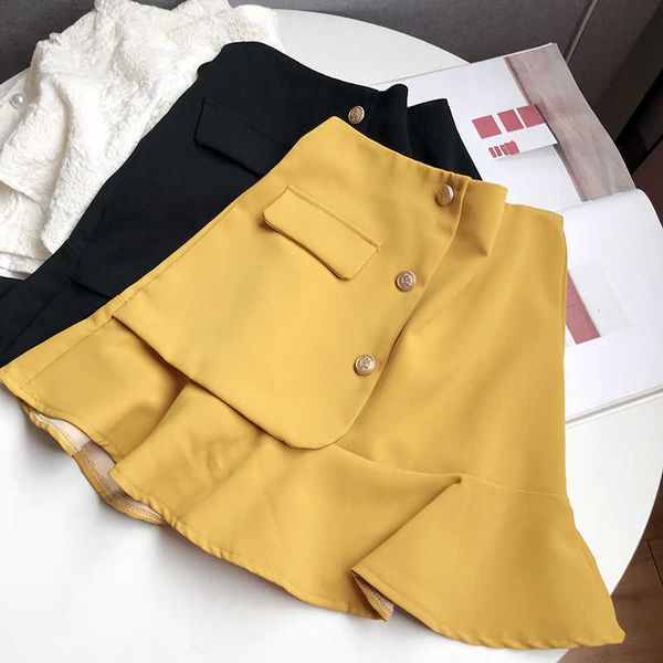 

color solid high waist zipper skirt button simple slim summer 6.26, Black;gray