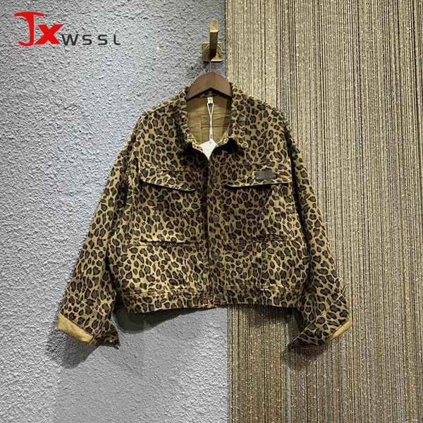 

women's jackets fashion leopard print denim jacket women spring autumn lapel long sleeves casual coat washed jeans female, Black;brown