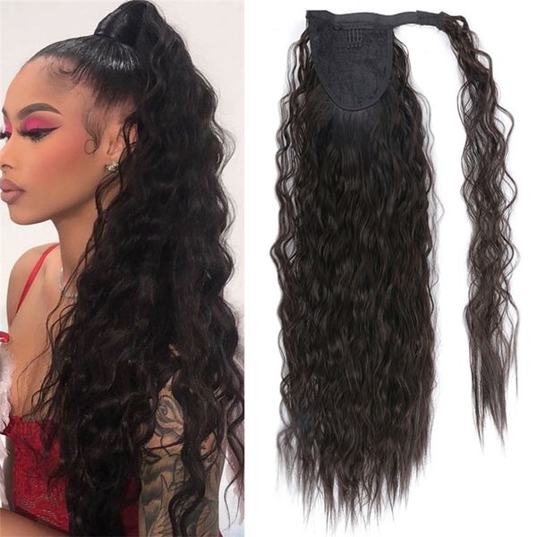 

22 inches deep wave synthetic clip in ponytail wrap around ponytails simulation human hair extensions bundles aosi22p, Black