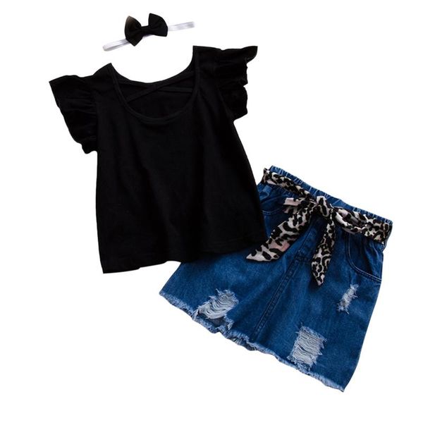 

clothing sets citgeesummer kids baby girls ruffles sleeve skirt set black t-shirt and leopard denim short, White