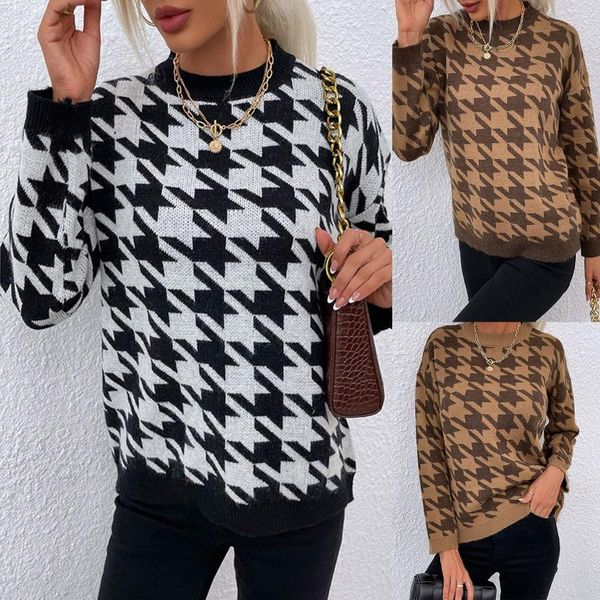 

women's sweaters fashionable casual pullover round neck warm elegant and comfortable houndstooth knit, White;black