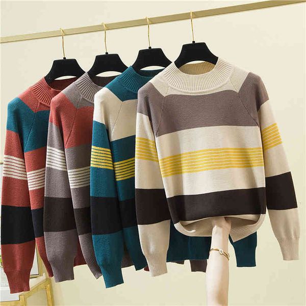 

women's sweaters female striped sweater with half a turtleneck, long sleeve, korean fashion, gw2l, White;black