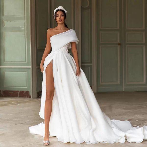 

2022 new fashion plus size wedding dresses one-shoulder high split appliques lace bridal gowns sweep train organza wedding dress vestidos, White