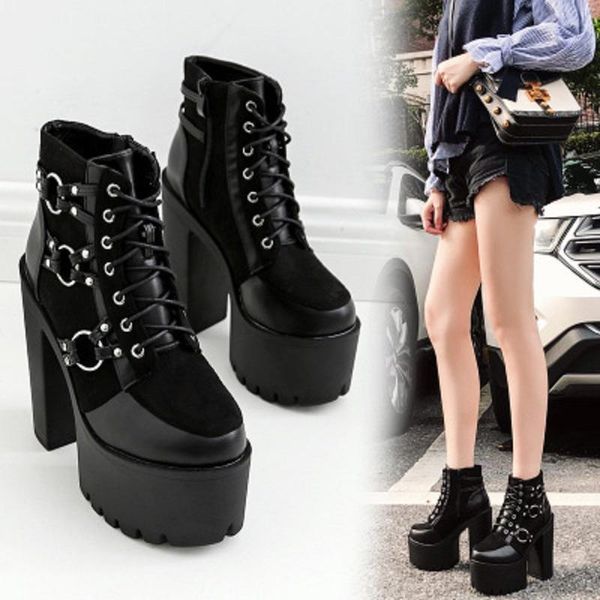 

boots fashionable black ladies high heels lace-up soft leather thick