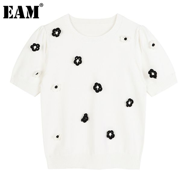 

[eam] white floral knitting sweater loose round neck short sleeve women pullovers fashion spring summer 1dd7802 21512, White;black