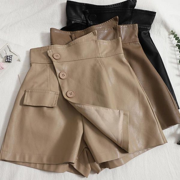

women's shorts women elegant vintage khaki coffee high waist pockets pants stylish female pu leather pantalones cortos sa01, White;black