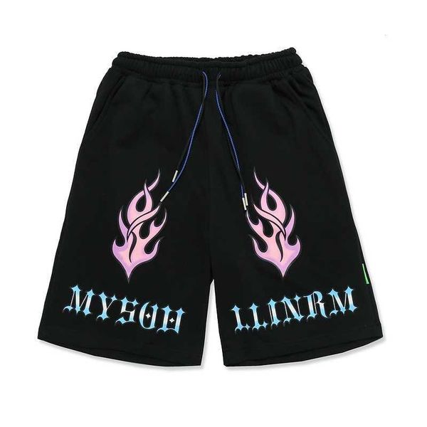 

2021 summer new high street fashion brand flame print loose beach pants, Black