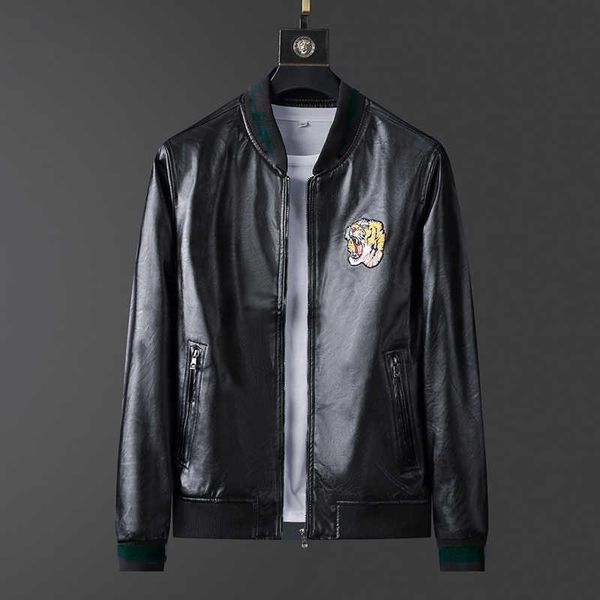 

embroidery tiger faux leather designer jacket mens zipper slim fit short hip hop casual skull sport motorcycle coat biker letters fashion, Black;brown
