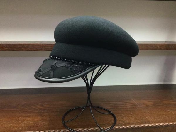 

stingy brim hats 202109-yy japan style wool black beaded lace fashion street lady octagonal hat women visors cap, Blue;gray