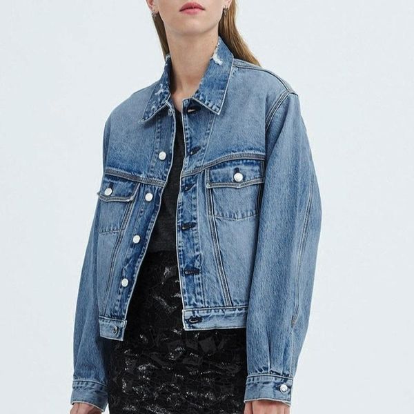 

women's jackets high-end and beautiful retro washed high-count pure cotton hand-made edging embroidery denim jacket women, Black;brown