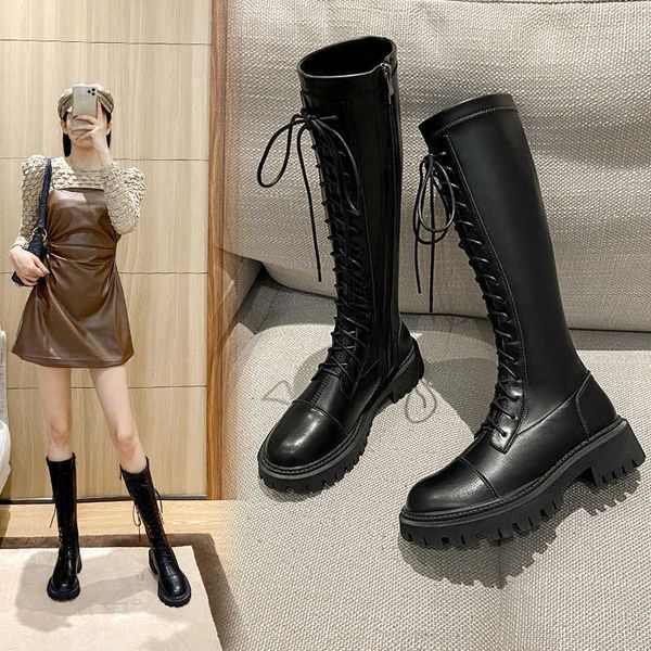 

thick soled women's new fall / winter 2020 side zipper thick heel plush warm knee long locomotive boots, Black