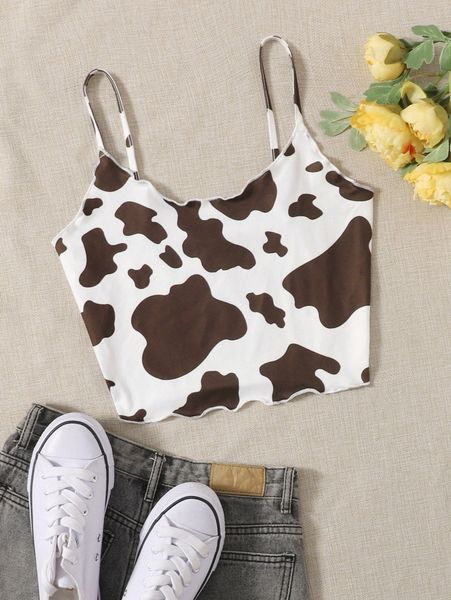 

lettuce trim cow print crop cami k7af#, White