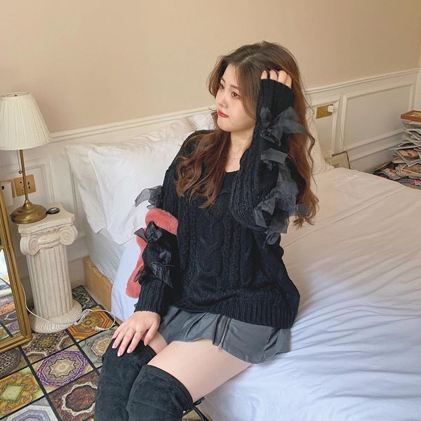 

women's sweaters small fat jing 2021 large size ladies' mm sweater blouse female show thin lace bowknot is han edition, White;black