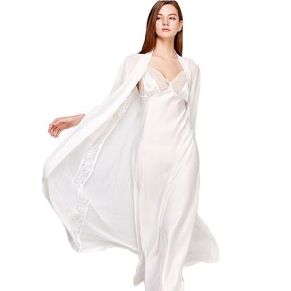Sexy Sling Dress Dormindo Robe Two-Peça Faux Silk Sleepwear Mulheres Elegante Laço Lace Longa manga camisola Bathrobes T0008 210831