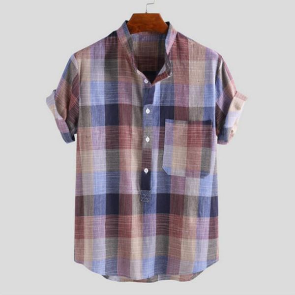 

men's casual shirts retro men's shorts sleeve mandarin collar pullover half button loose plaid comfy shirt for summer with pocket, White;black