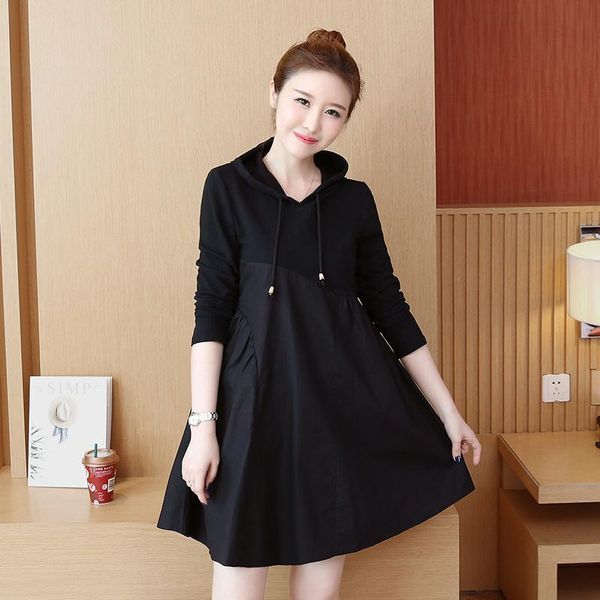 

maternity clothes autumn winter plus velvet long sleeve patchwork dress clothing for pregnant women pregnancy loose hooded dresses, White