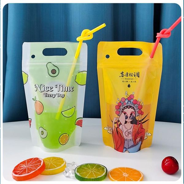 

storage bags plastic self sealing portable cartoon hand handle takeout beverage bag straw drinks juice coffee liquid packing