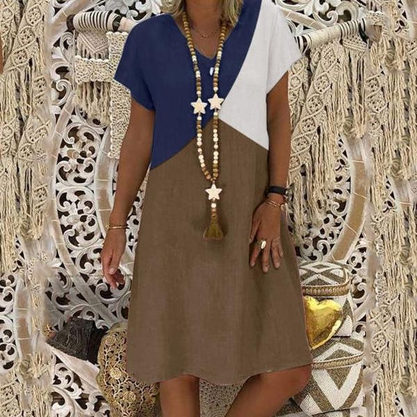 

casual dresses summer for women 2021 short sleeve v neck color block vintage dress vestidos plus size clothing beach, Black;gray