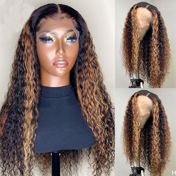 

brazilian soft kinky curly highlight color remy glueless t part lace front wig human hair with baby scalp closure wigs1, Black;brown
