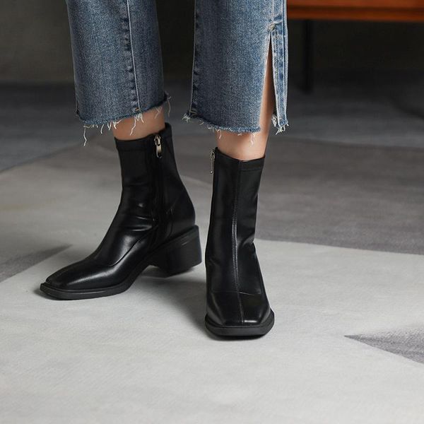 

boots round toe shoes woman 2021 autumn winter arrival thick heels ankle genuine leather side zipper, Black