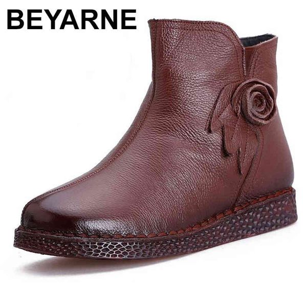 

boots beyarne women snow winter flat heels ankle warm platform shoes thick leather fur booties with flower 00ap, Black