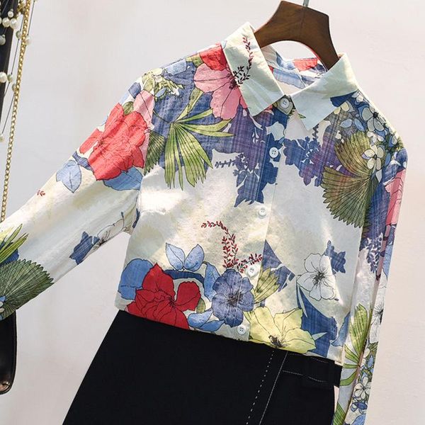 

women's blouses & shirts cotton floral women summer turn-down collar long-sleeved slim office lady elegant outwear coats, White