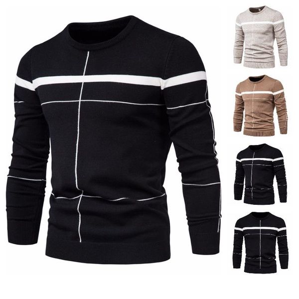 

men's sweaters winter fashion mens round neck pullover sweater, color-blocking slim-fit basic bottoming shirt, White;black