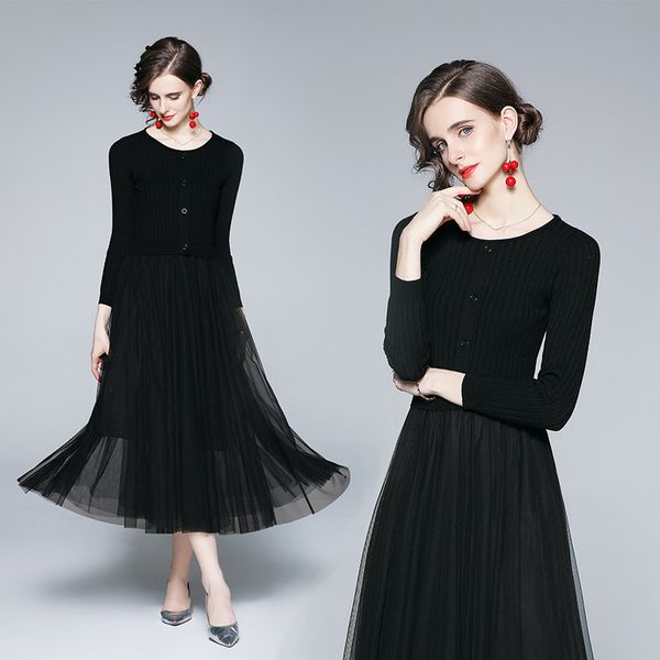 

temperament big swing skirt celebrity autumn and winter 2021 style temperament small fragrance medium length knitted splicing mesh, Black;gray