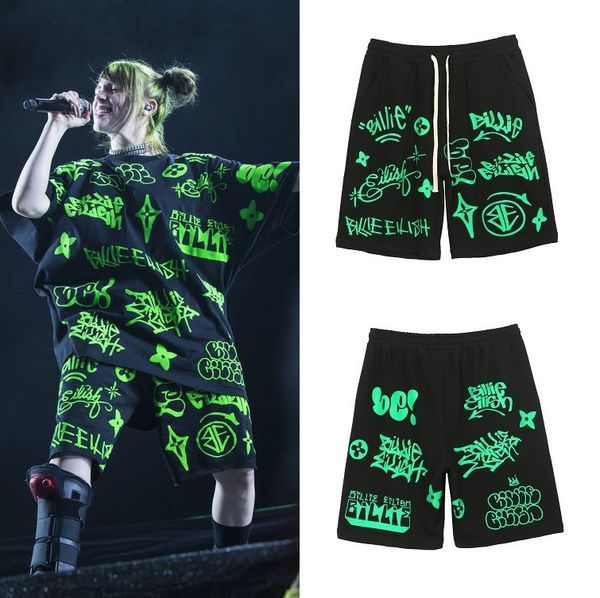 

shorts chao brand bili same orescent green print knee length straight casual pants and hip hop loose, White;black