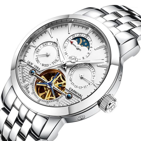 

men watches carnival automatic mechanical hollow multi-function dial man watch tourbillion hombre relogio c8752-1 wristwatches, Slivery;brown