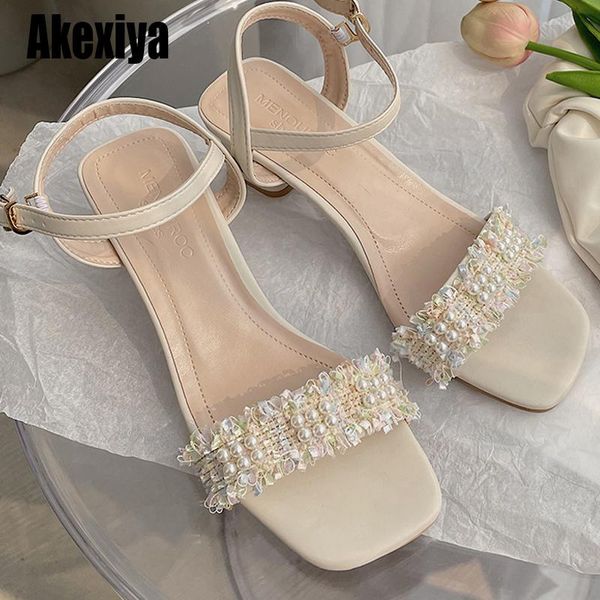 

fashion square crystal heels pearl women sandals 2021 lace ruffles string bead high open toe fairy style female, Black