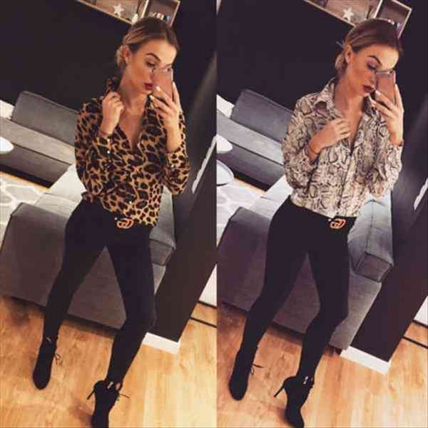 

leopard print long sleeve women blouses v-neck autumn loose irregular, White