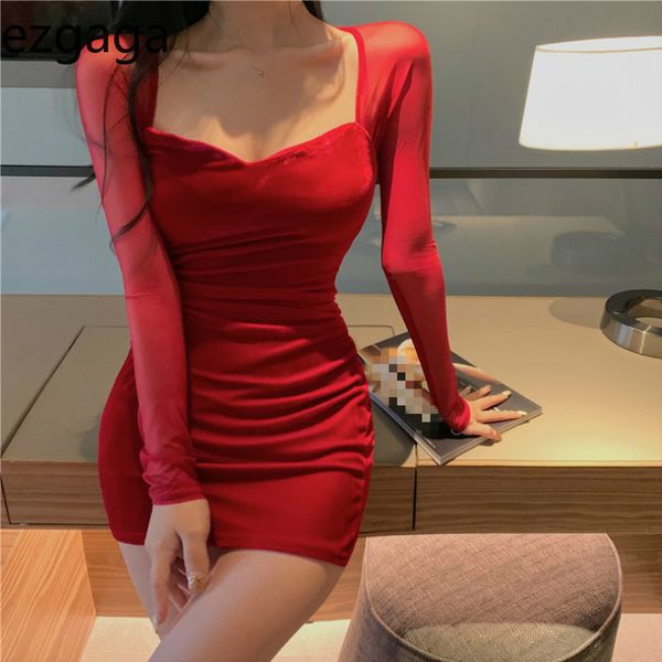 EZGAGA SEXY BODYCON платье женщины мода с длинным рукавом квадратный воротник без спинки неопределенные твердые вечеринки платье клубная одежда Vestidos 210430