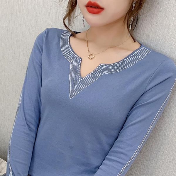 

women's t-shirt 2021 spring fashion casual women long sleeve diamond t-shirts lady slim v-neck mesh elegant plus size 3xl feminine blu, White