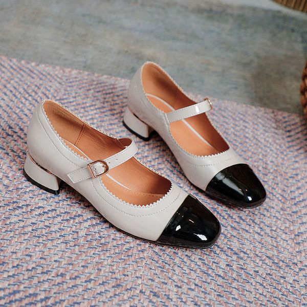 

70% off factory online small fragrance mary jane shoes 2021 new style square head thick heel single women's patent leather high, Black